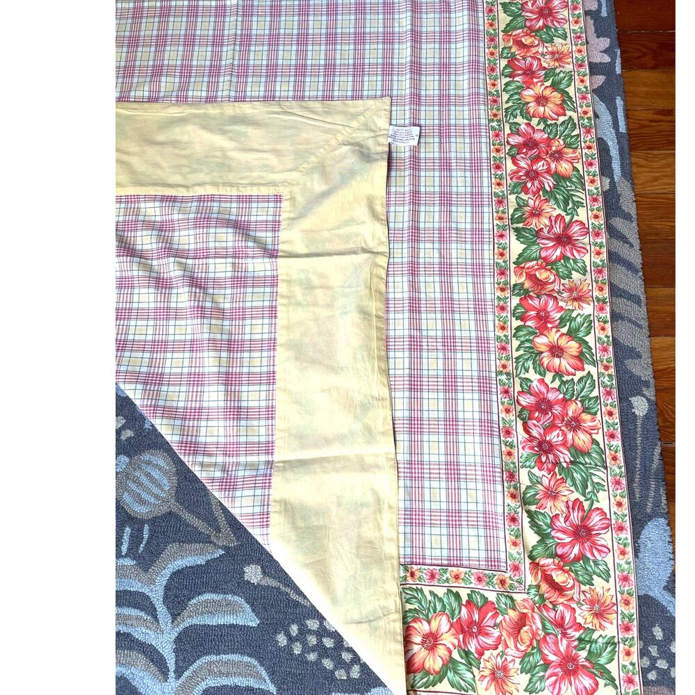 Vintage April Cornell Large Yellow Pink Plaid Floral Tablecloth 94" x 51.5"